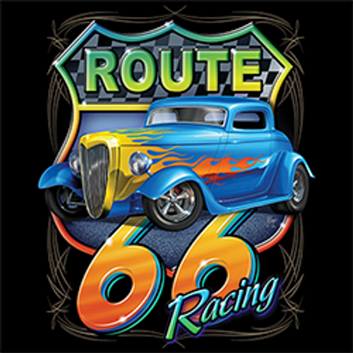 T-Shirt - ROUTE 66 RACKING COUPE  - AMERICAS HWY HOTROD / NOVELTY / FUN  Adult DryBlend®