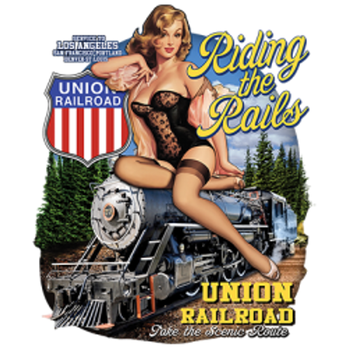 T-Shirt XL 2X 3X - SEXY RIDING THE RAILS UNION RAILROAD TRAIN PIN-UP