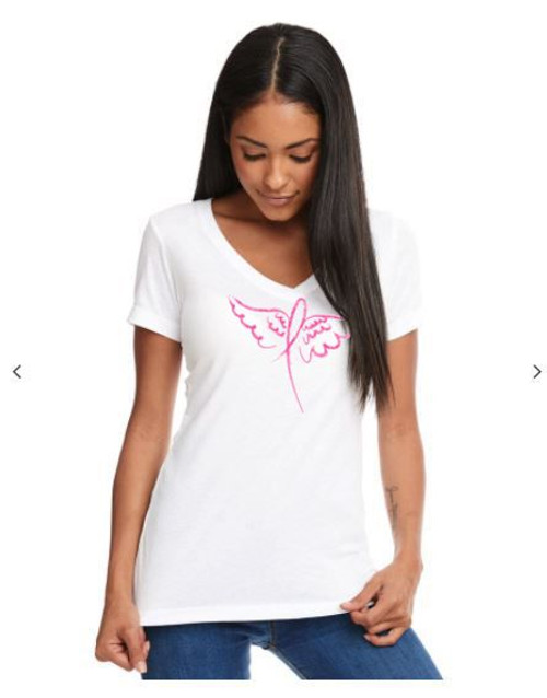 WOMEN'S Ideal VEE and CREW Neck Shirts - (WINGS RIBBON - BREAST CANCER AWARENESS)