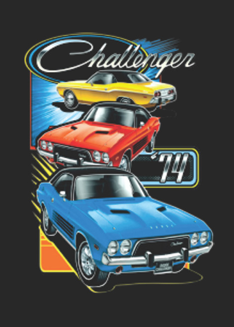 TRANSFER - DODGE  PLYMOUTH CHALLENGER TRIO HOT ROD  YELLOW ORANGE BLUE