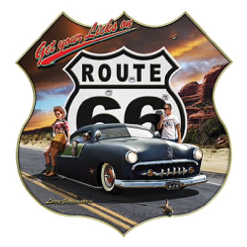 Adult DryBlend® T-Shirt - (GET YOUR LICKS ON ROUTE 66 (SLED)-  HOT ROD / PIN-UPS / HOTTIES)