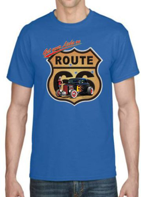 Adult DryBlend® T-Shirt - (GET YOUR LICKS ON ROUTE 66-  HOT ROD / PIN-UPS / HOTTIES)