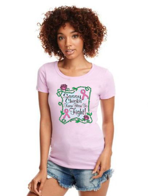WOMEN'S Ideal VEE and CREW Neck Shirts - (FIGHT  WITH CREST - - SASSY CHICK / BREAST CANCER AWARENESS)