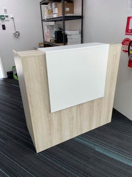 Reception Desk in Driftwood with White Overhang- Standing or Seated Desk Height- Urban Pad Furniture