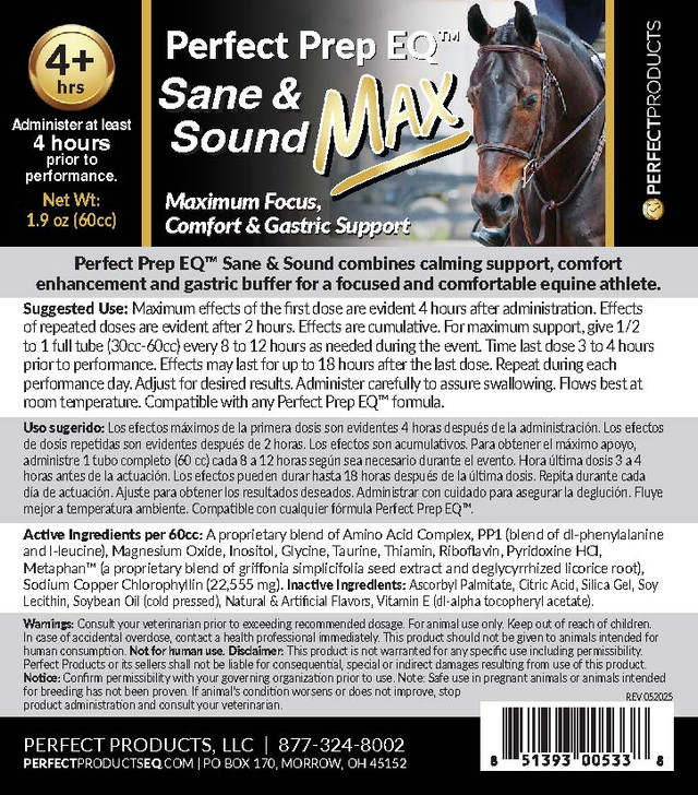 Perfect Prep EQ™ Sane & Sound MAX Calming Paste label