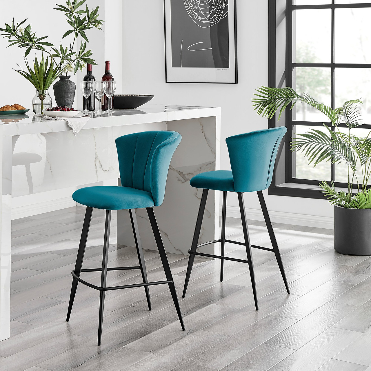 Distressed Turquoise Bar Chairs 2x Juniper Blue Velvet Black Leg