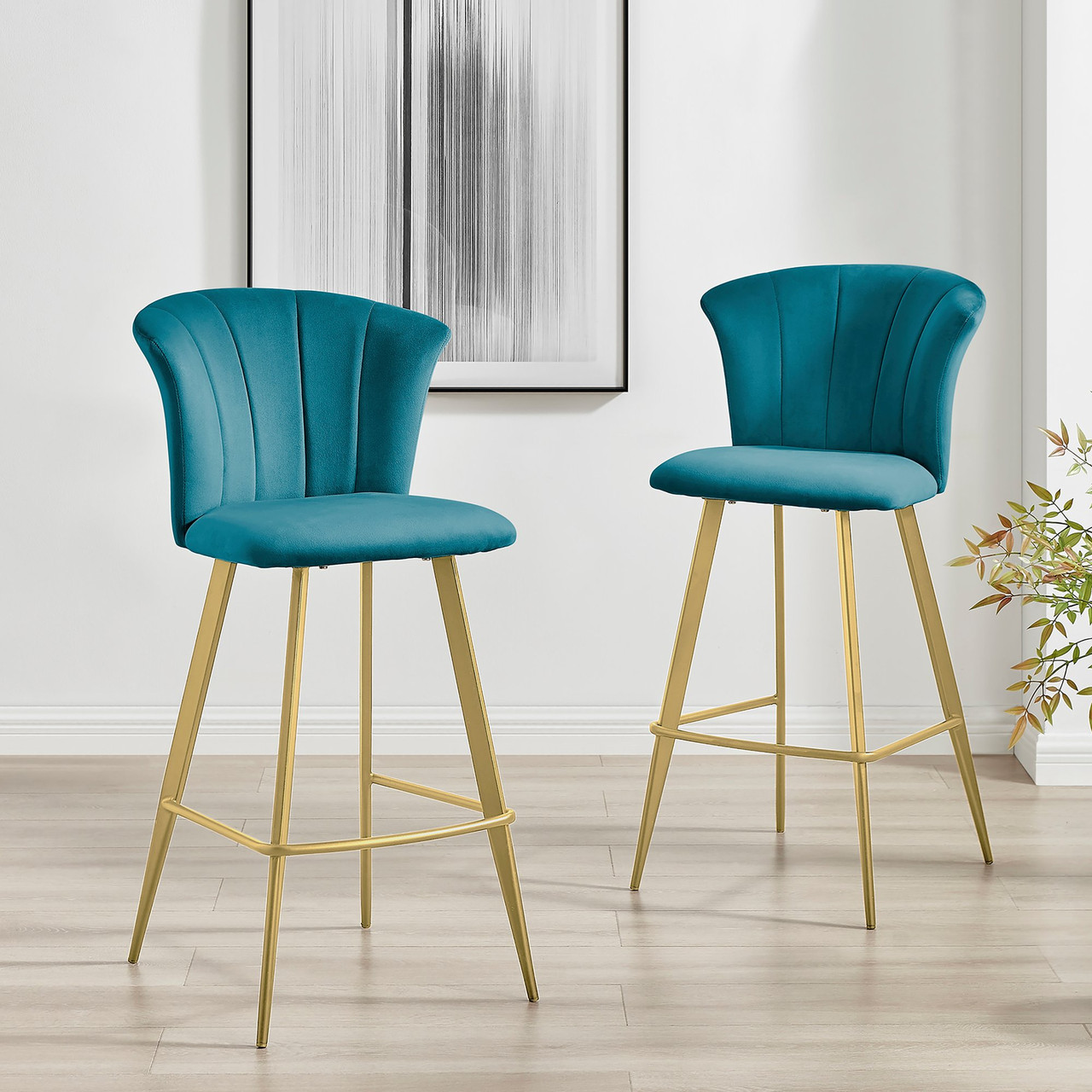 2x Juniper Blue Velvet Gold Leg Bar Stools Furniturebox UK