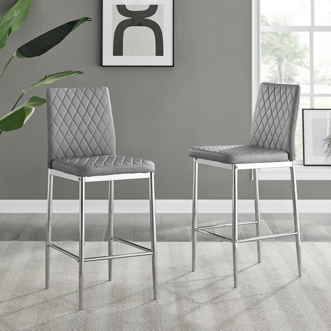 2x Milan Grey Leather Silver Leg Bar Stools Furniturebox UK