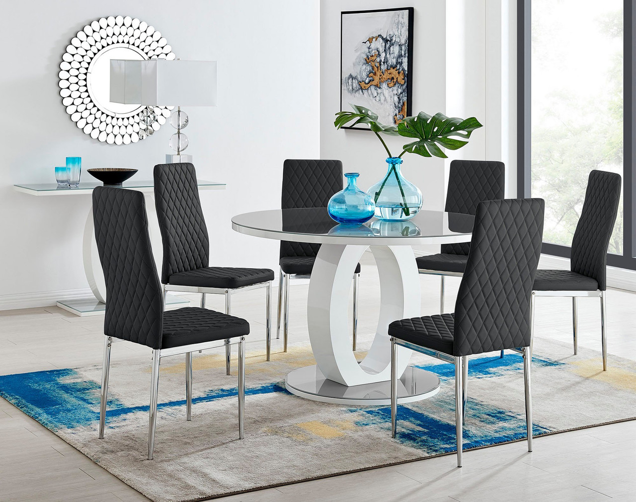 Grey & White Large Round Gloss Dining Table & Milan Chairs | Furniturebox