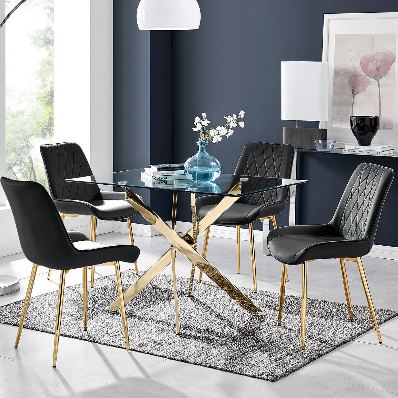 Leonardo Glass Table Pesaro Velvet Gold Chairs Dining