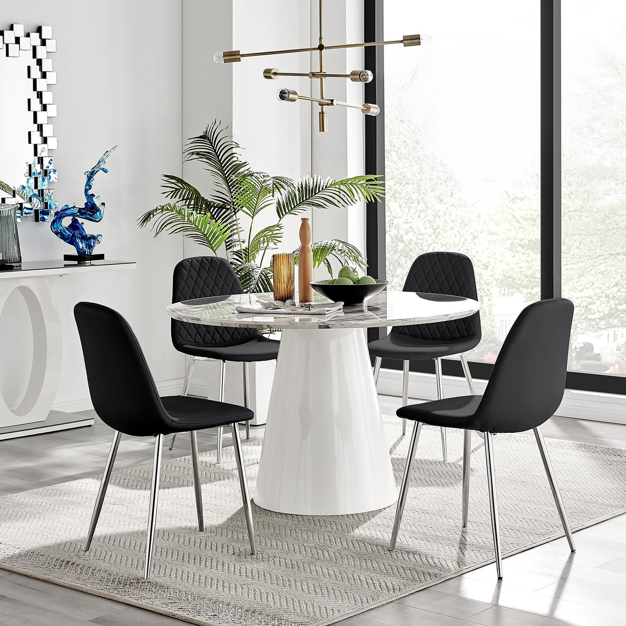 Palma White Marble Effect Round Dining Table Corona Silver