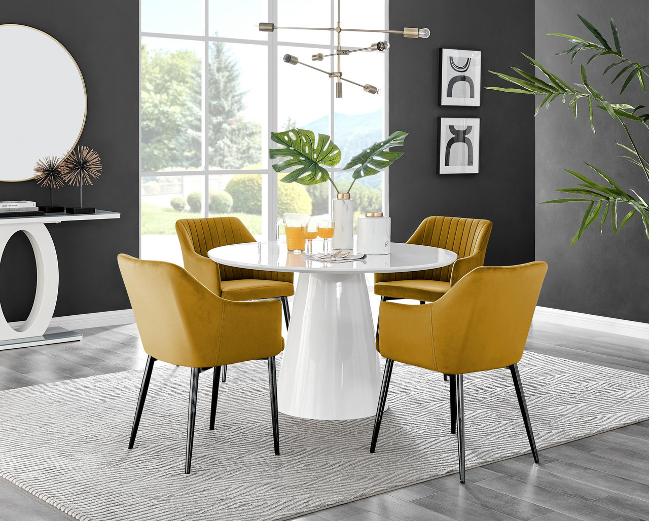 Palma White High Gloss Round Dining Table Calla Black Leg