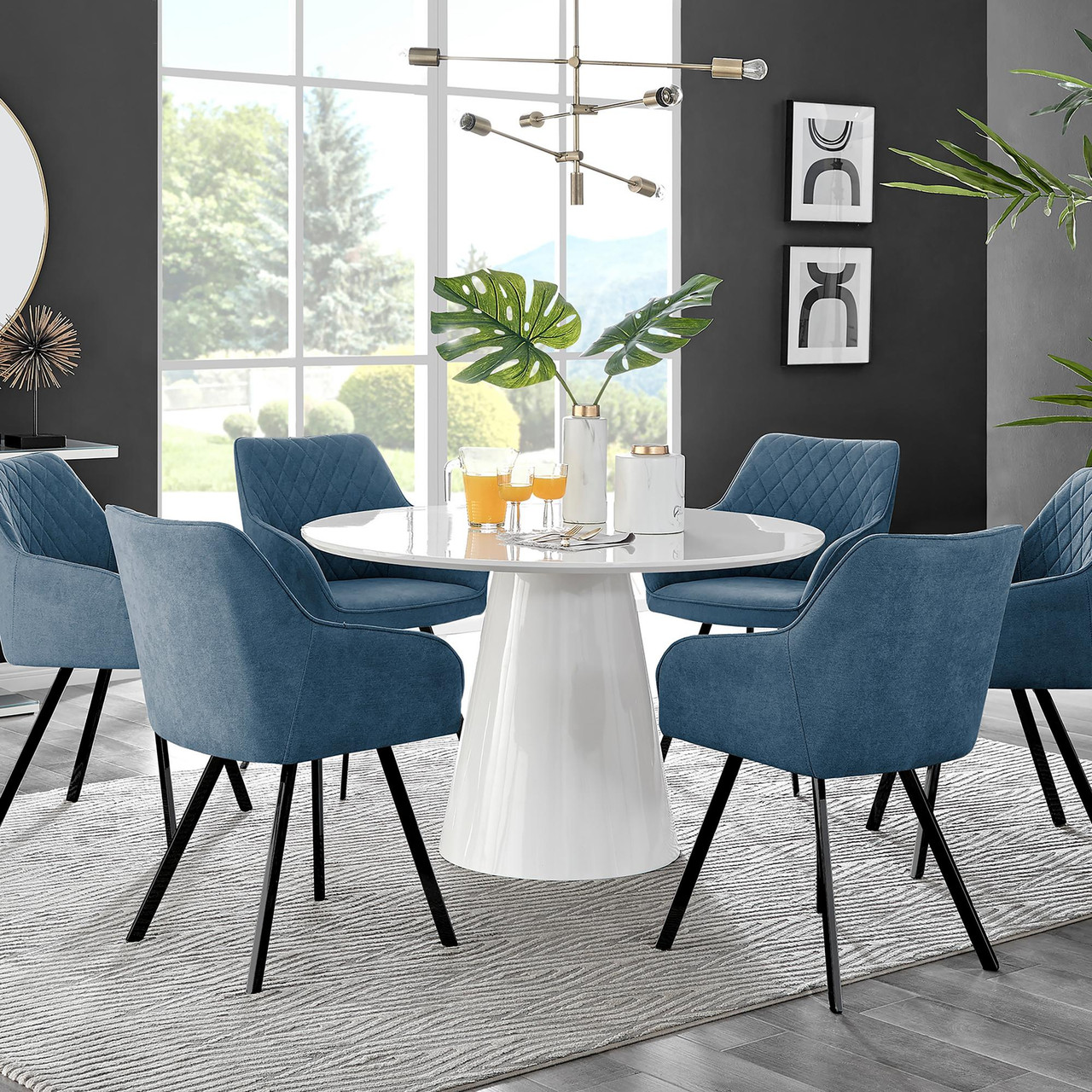 Palma White High Gloss Round Dining Table Falun Black Leg Chairs