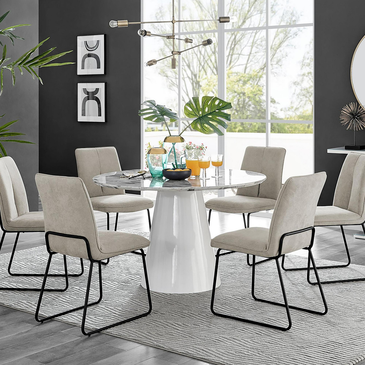 Round Table Chair Dining Room Table Set Palma White Marble Effect