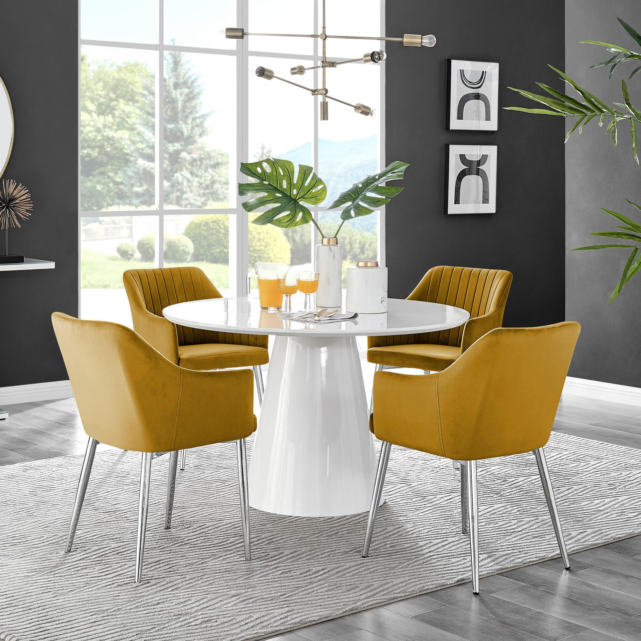 Palma White High Gloss Round Dining Table Calla Silver Leg