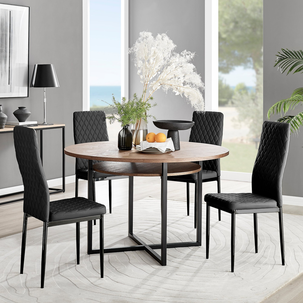 Adley Brown Wood Storage Dining Table Milan Black Leg Chairs