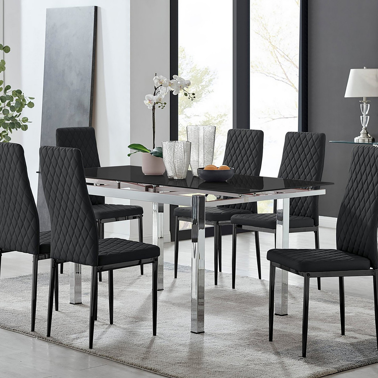 Enna Black Glass Extending Dining Table and Milan Black Leg