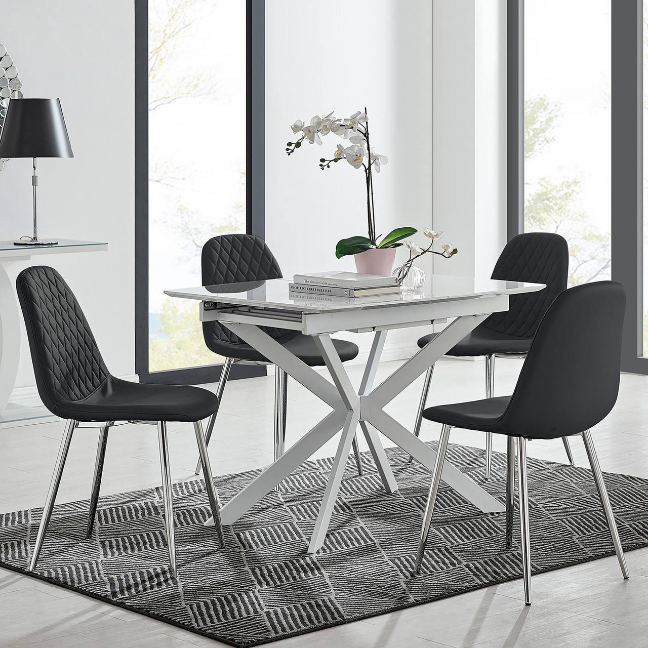 LIRA 100 Extending Dining Table and Corona Silver Leg Chairs