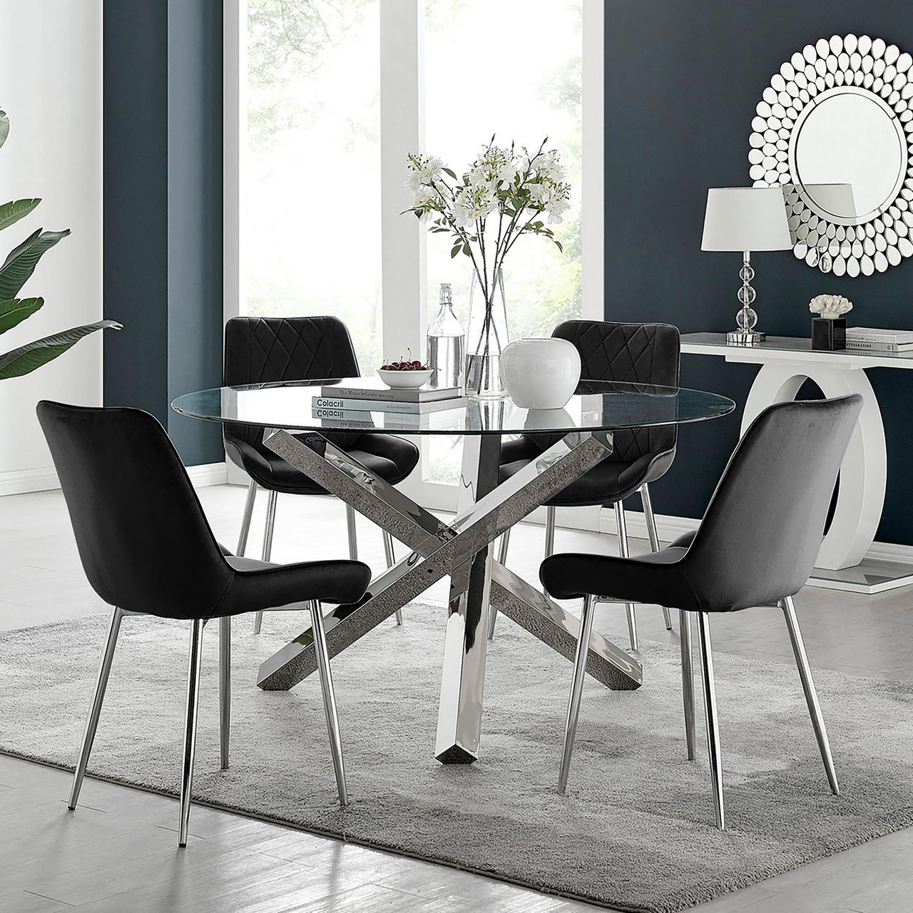 Vogue Round Dining Table and Pesaro Silver Leg Chairs Furniturebox