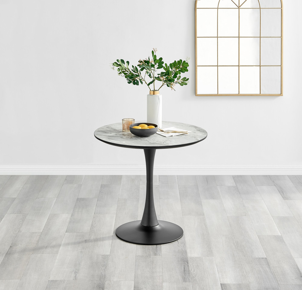 Elina White Marble Effect Round Dining Table & 2 Corona Silver Chairs Furniturebox UK