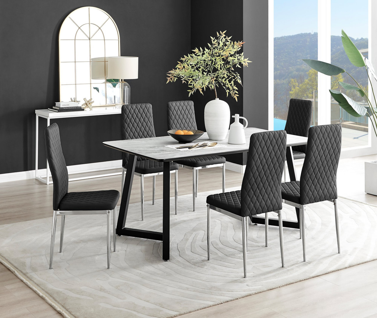 Carson Seat White Marble Black Leg Table Milan Chairs