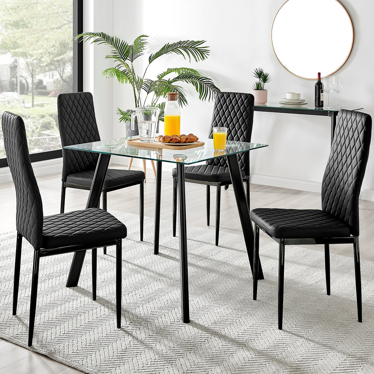 Seattle Glass and Black Leg Square Dining Table Milan Black