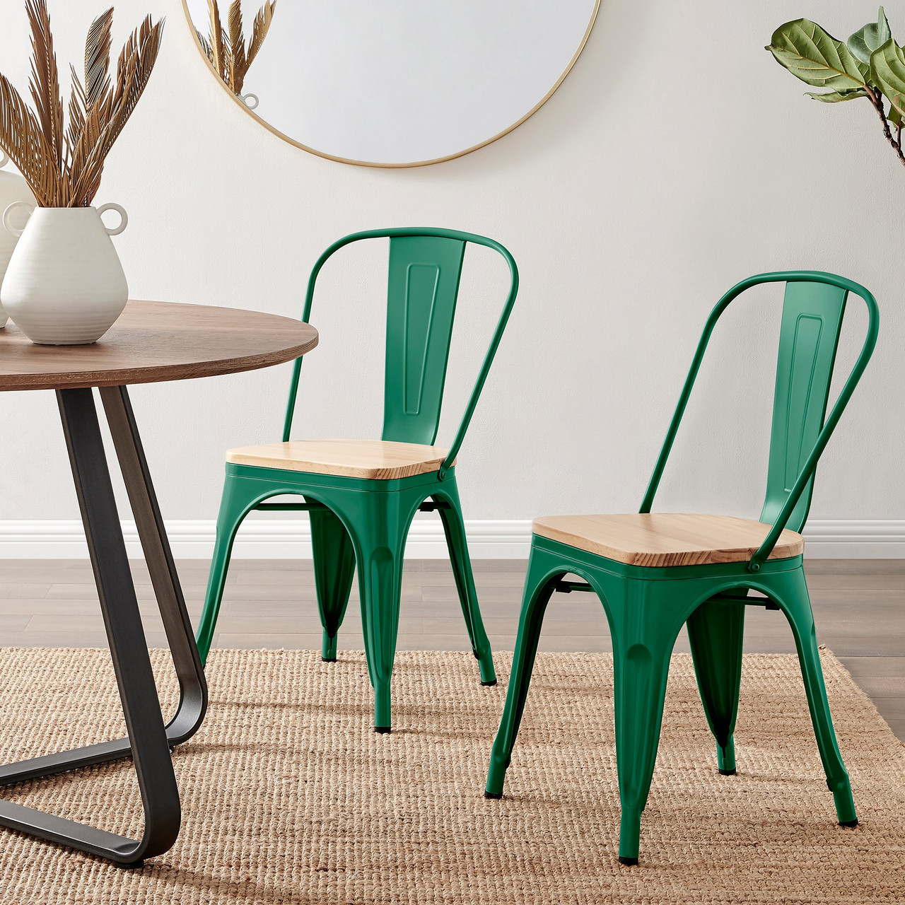 2x Colton Tolix Green Metal Chair Wood Seat Dining Chair