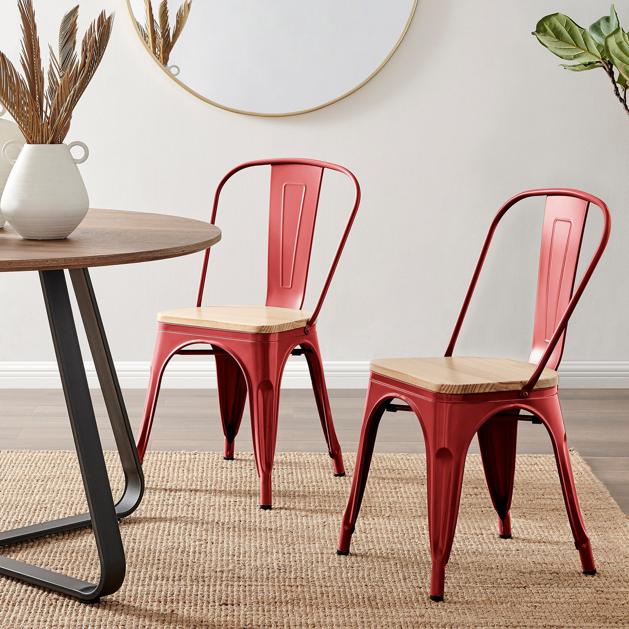 2x Colton Tolix Red Metal Chair Wood Seat Dining Chair