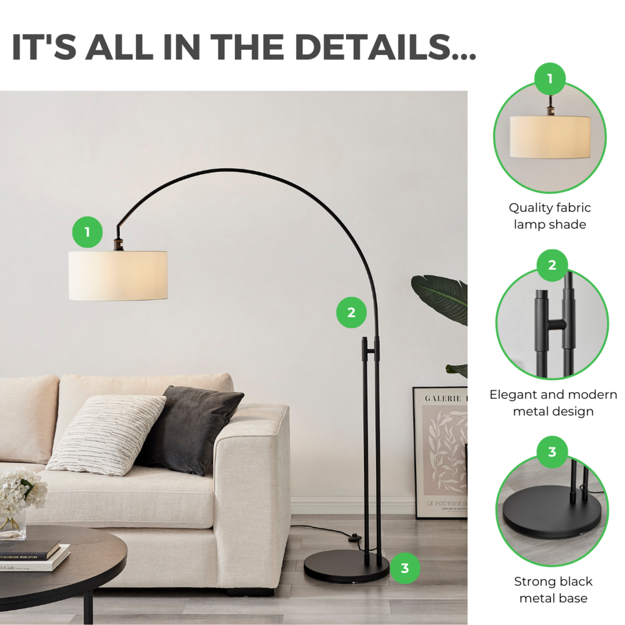 Arc Floor Lamp White Shade Matte Black Base Arc Lamp