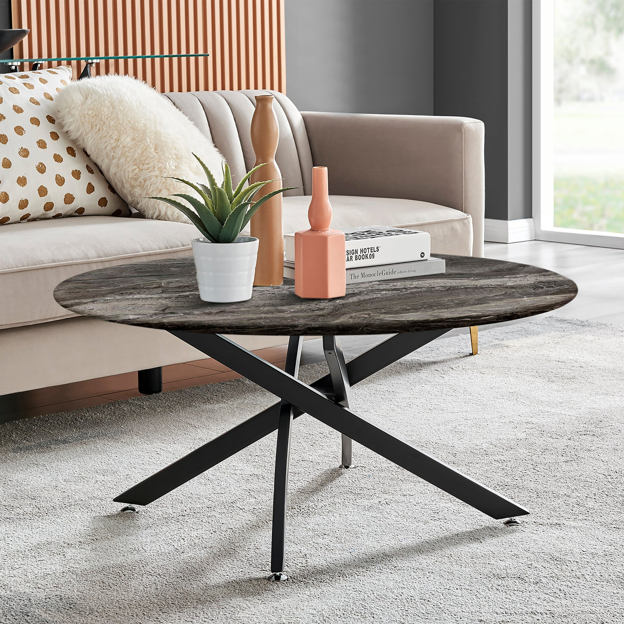 Novara Glass Marble Black Legs Round Coffee Table