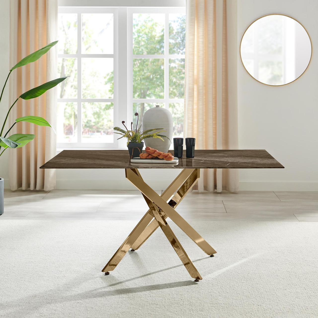 Seat Table Glass Marble Gold Legs Dining Table