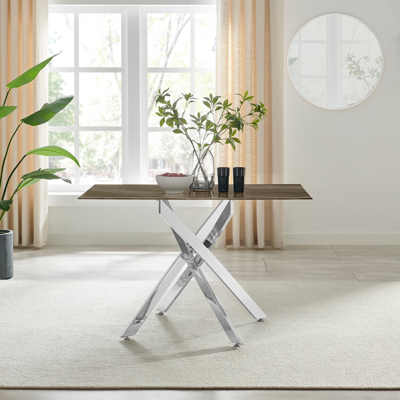 Seat Table Glass Marble Silver Legs Dining Table