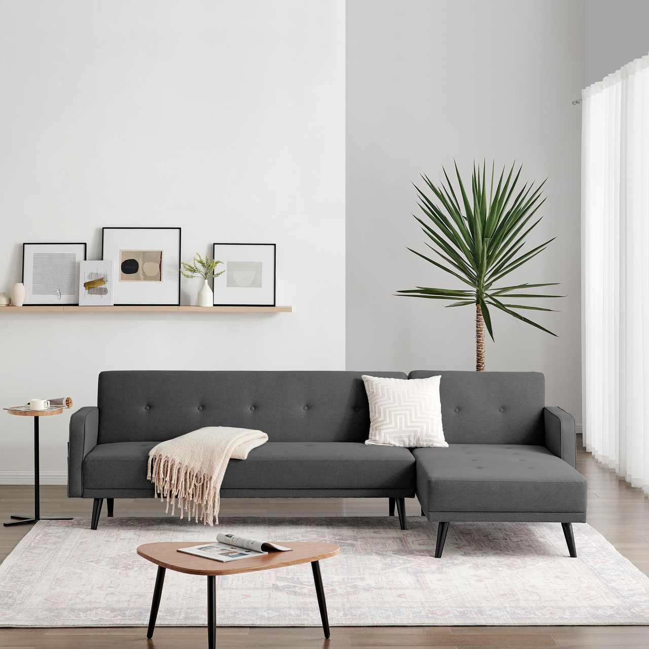 Oscar Seat L Shaped Chaise Charcoal Grey Fabric Sofa Bed