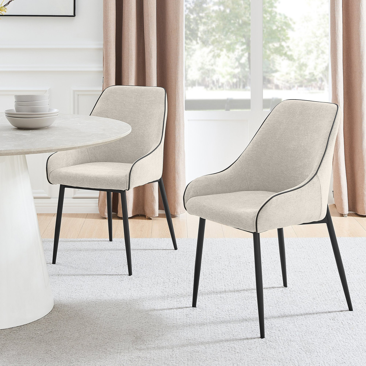 Wood White Fabric Dining Room Chairs Modern Bone White Fabric 2Pc