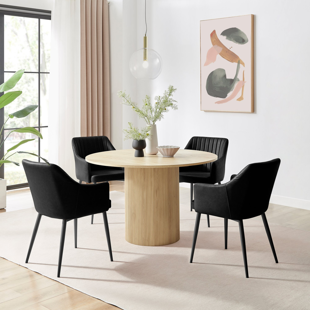 Penrose Oak Round Dining Table Calla Faux Leather Chairs