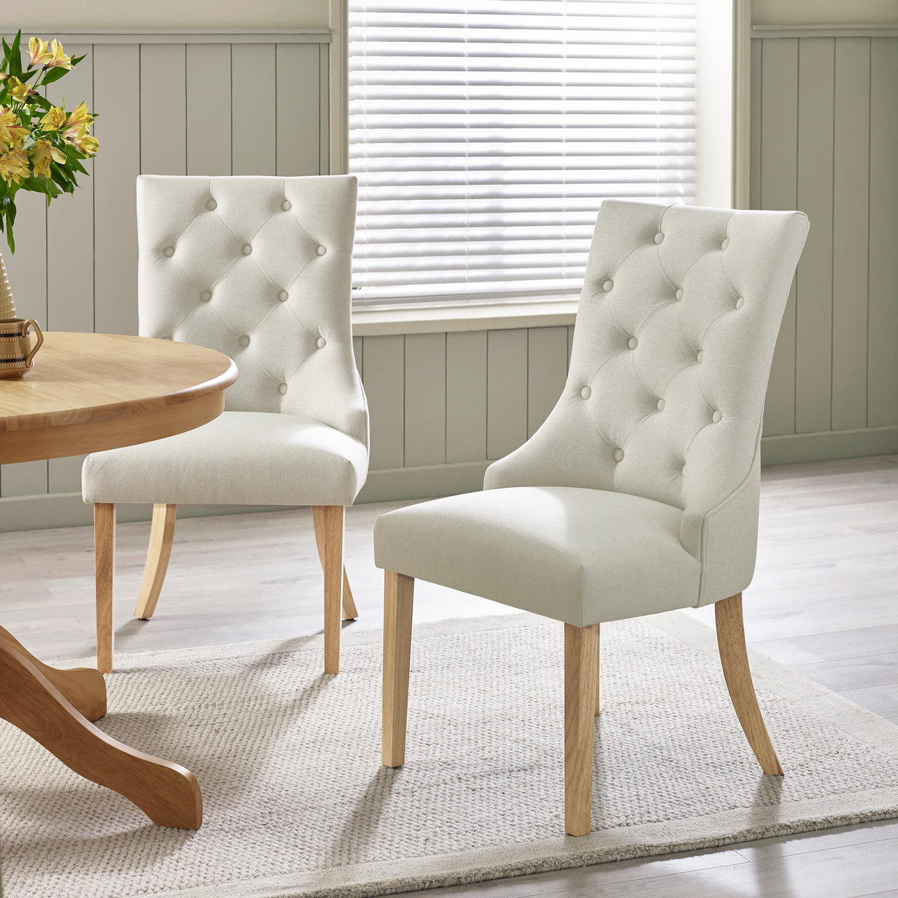 2x Belgravia Beige Fabric Oak Dining Chairs Dining Furniture