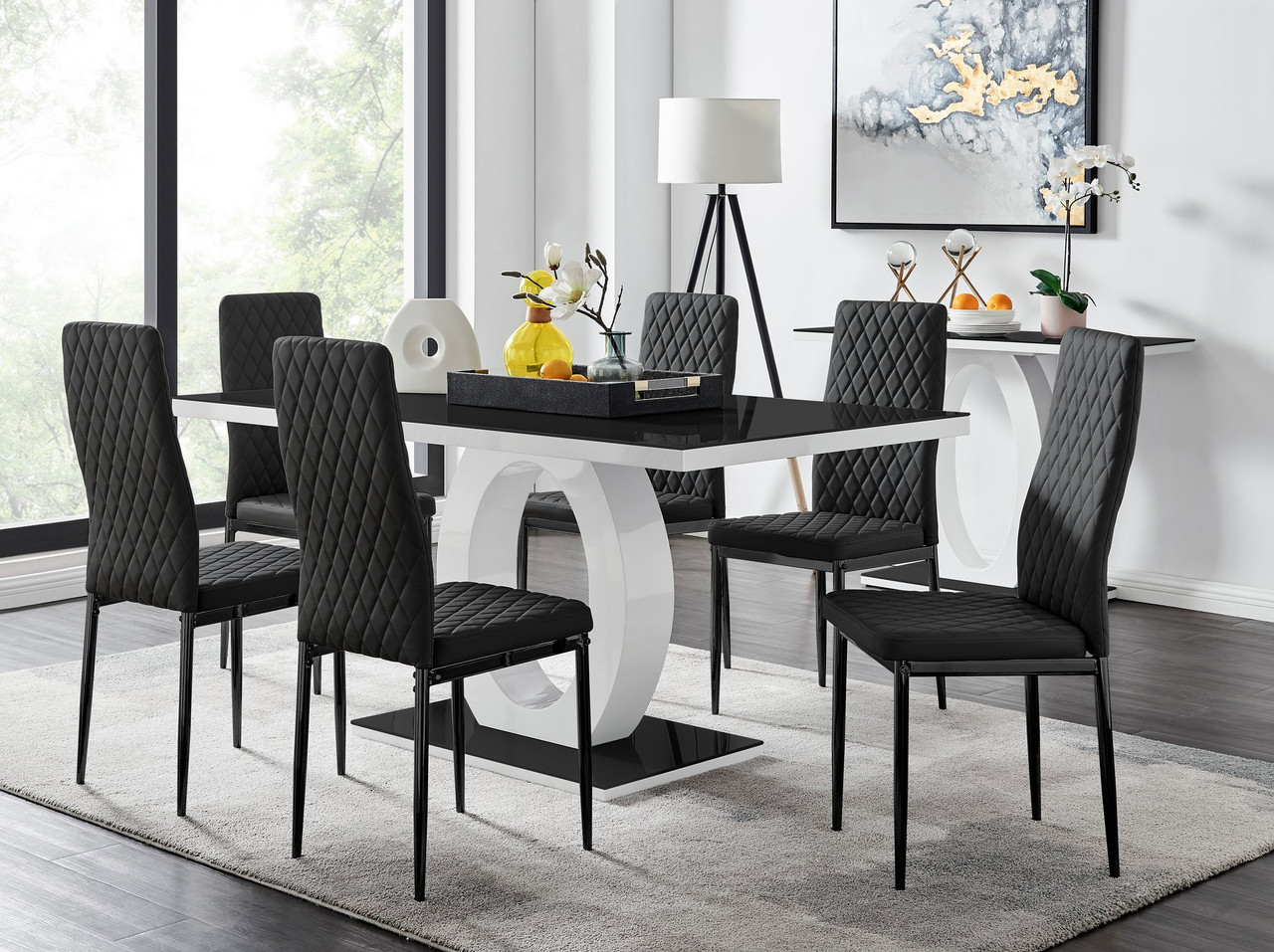 Giovani 6 Black Dining Table & 6 Milan Black Leg Chairs Furniturebox UK