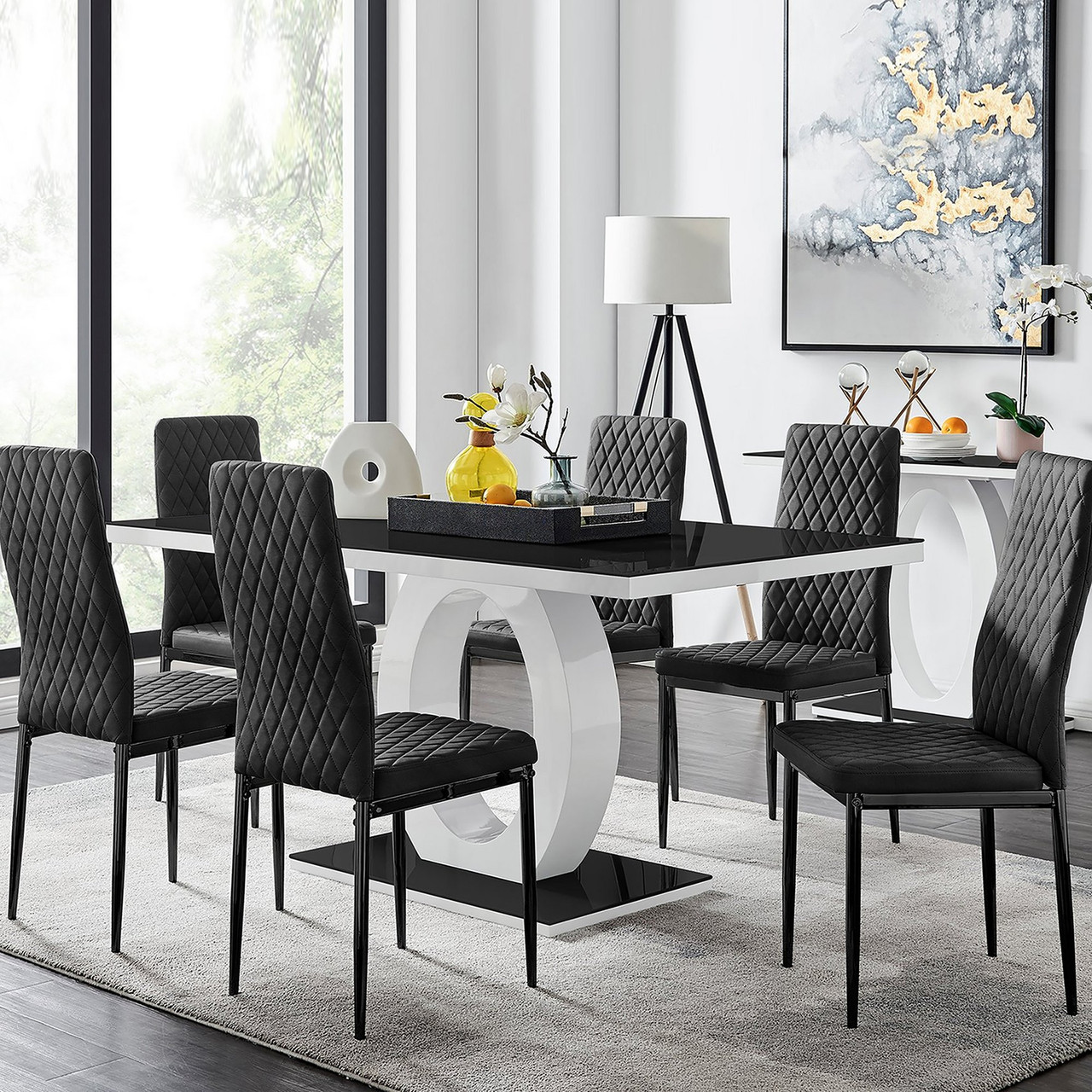 Giovani 6 Black Dining Table & 6 Milan Black Leg Chairs Furniturebox UK
