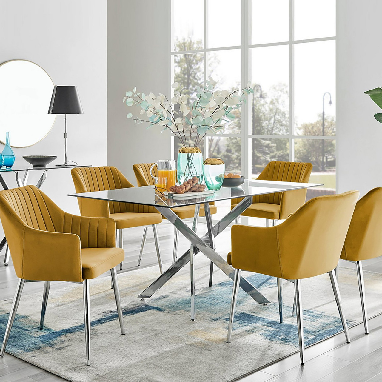 Leonardo Glass and Chrome Dining Table Calla Silver Leg Velvet - Main Image