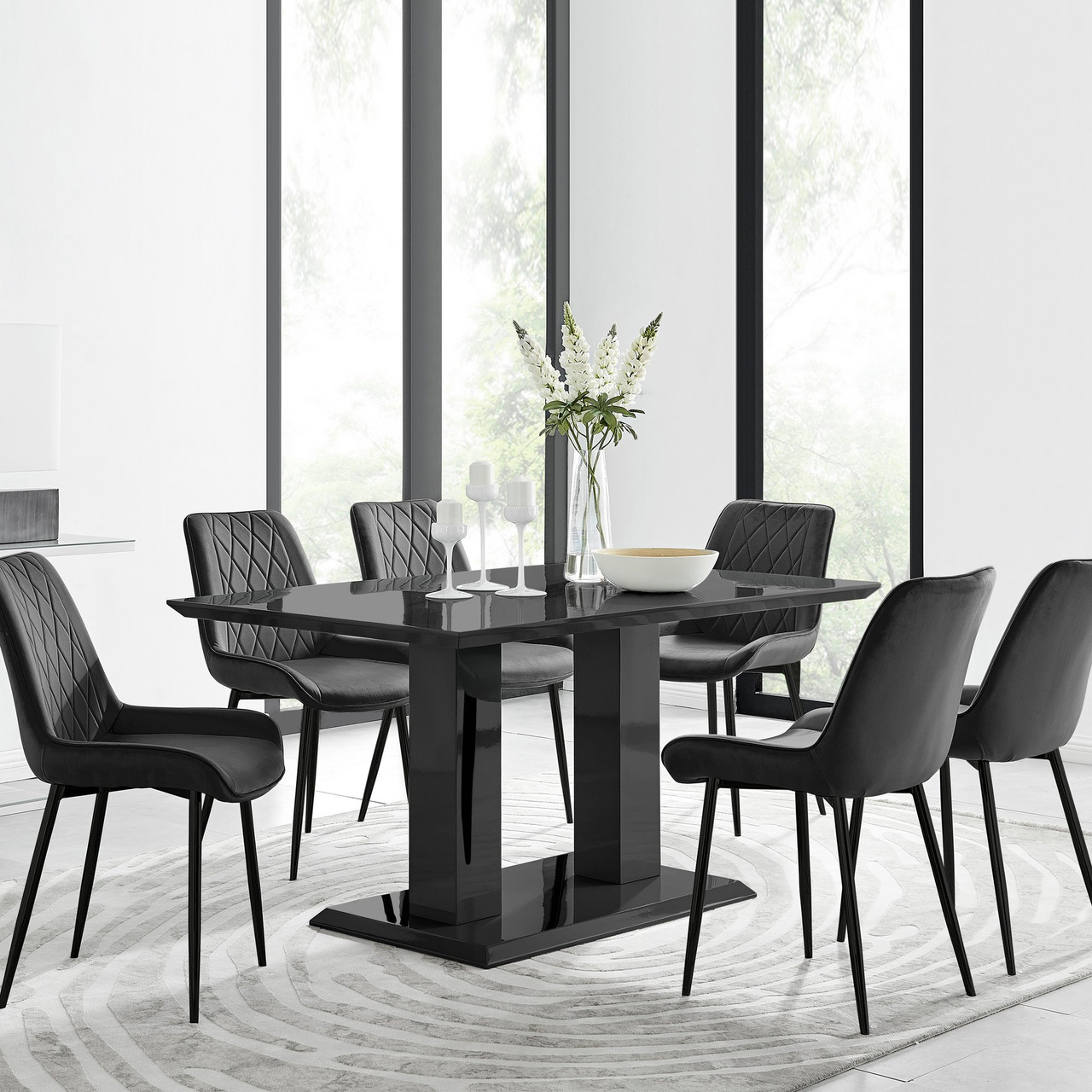 Imperia Black Gloss Dining Table & 6 Pesaro Black Chairs | Furniturebox