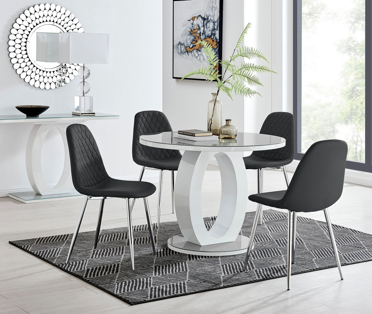 Grey & White Round Gloss Dining Table & 4 Silver Leg Chairs | Furniturebox