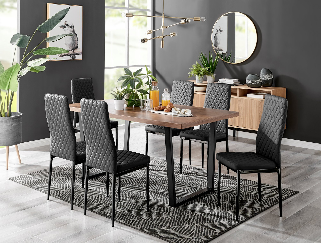 Kylo Brown Wood Effect Dining Table & 6 Milan Black Leg Chairs ...
