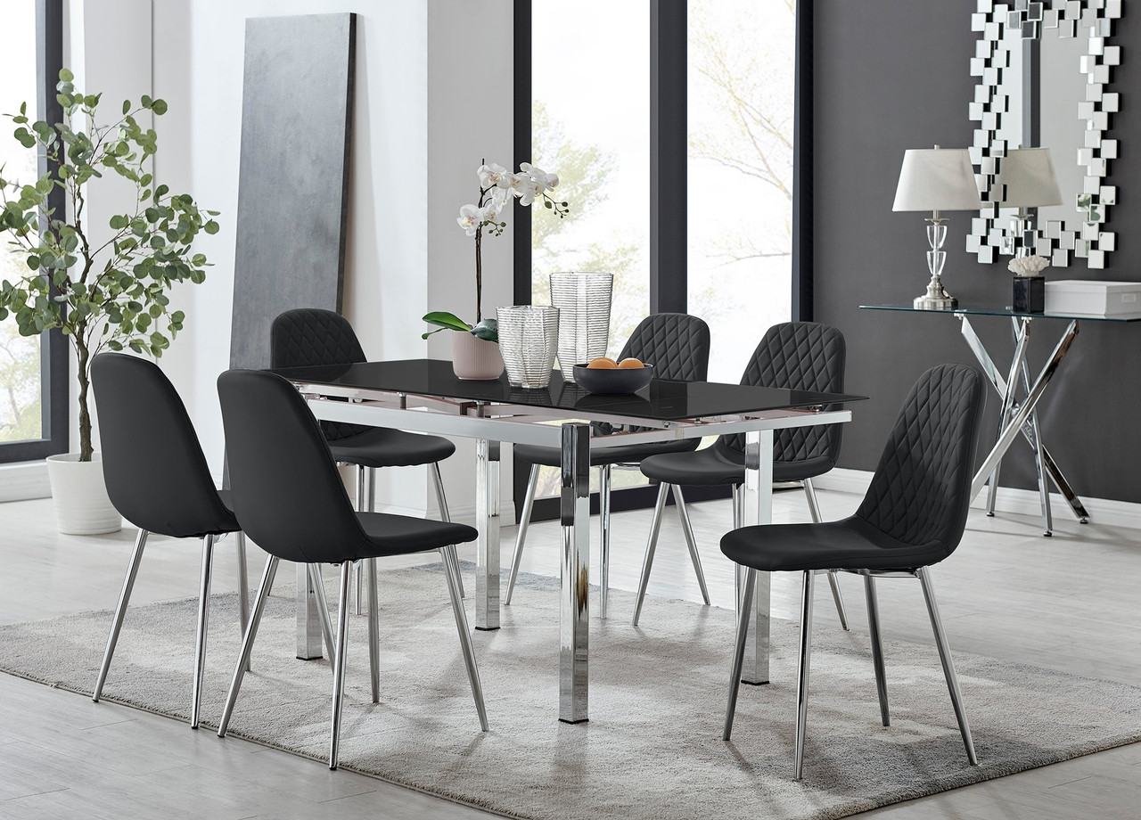 Enna Black Glass Extending Dining Table and 6 Corona Silver Leg Chairs