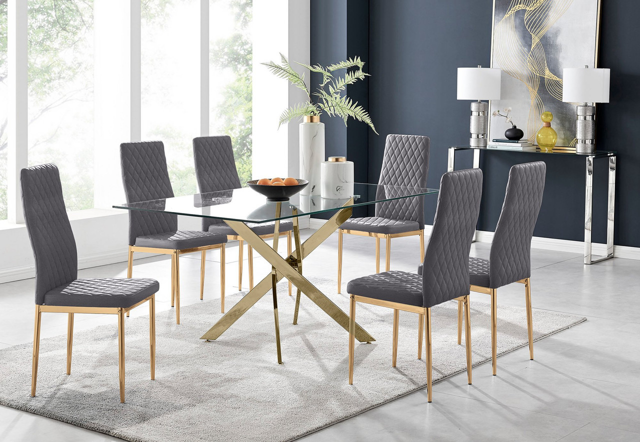 Leonardo Glass and Gold Leg Modern 6 Seat Dining Table & 6 Milan velvet ...