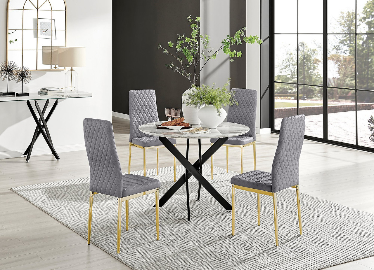 NOVARA 120cm Round Glass and Gold Leg Dining Table & 4 or 6 Velvet Dining  Chairs