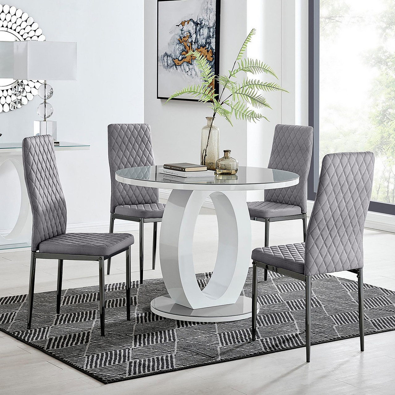 Grey & White Round Gloss Dining Table & 4 Milan velvet black leg Chairs ...