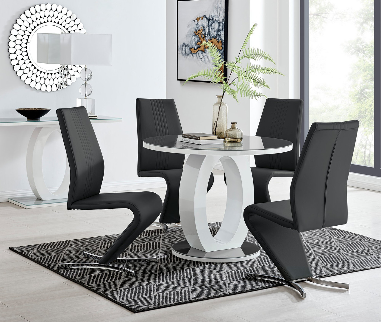 Grey & White Large Round Gloss Dining Table & Willow Chairs | Furniturebox