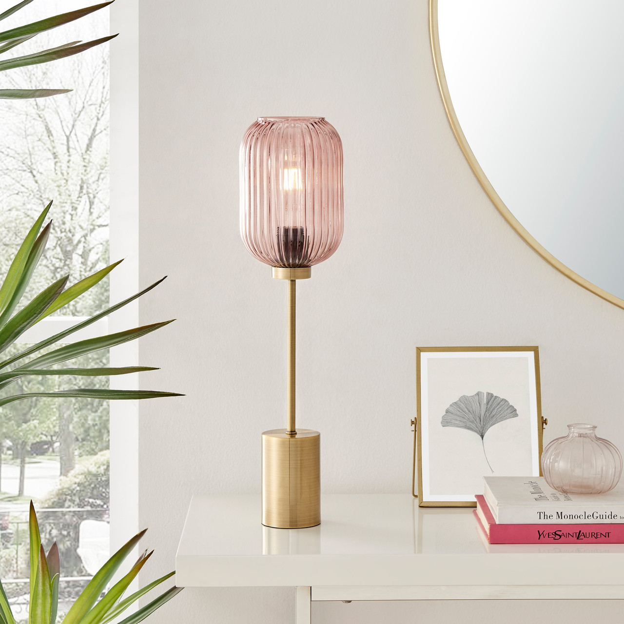 Small brass table lamp with pink shade, 1940s