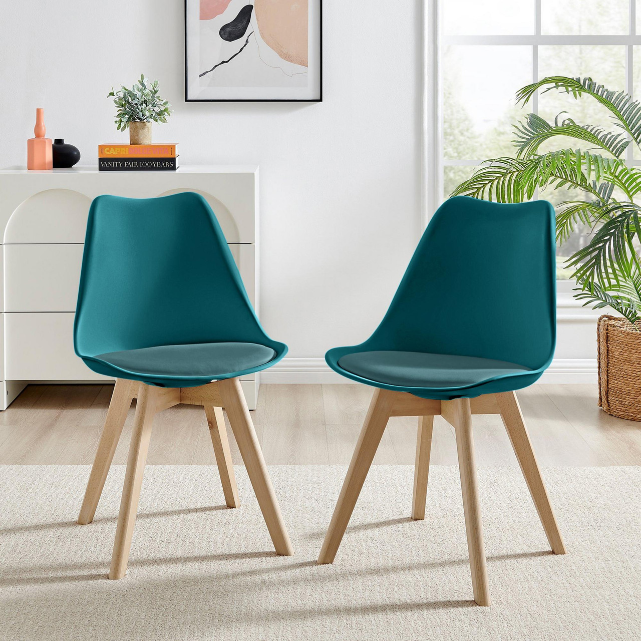 2x Stockholm Scandi Faux Leather Wood | Blue Dining Chairs