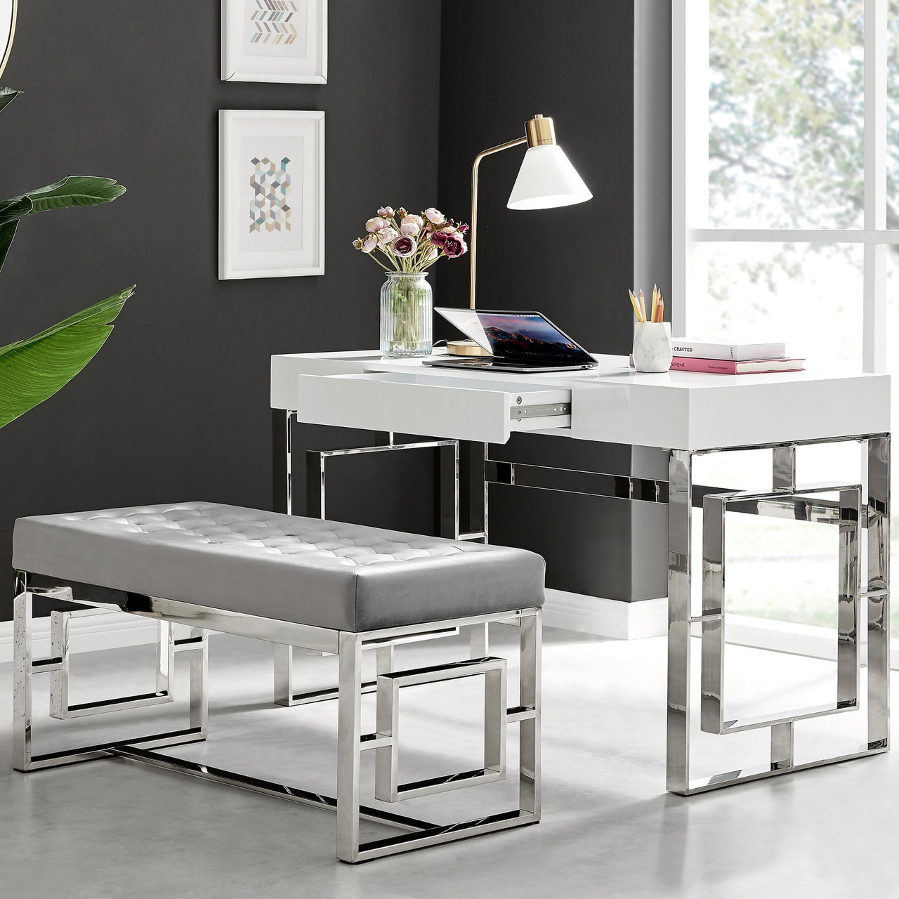 Cambridge white dressing table stool set grey velvet|bedroom